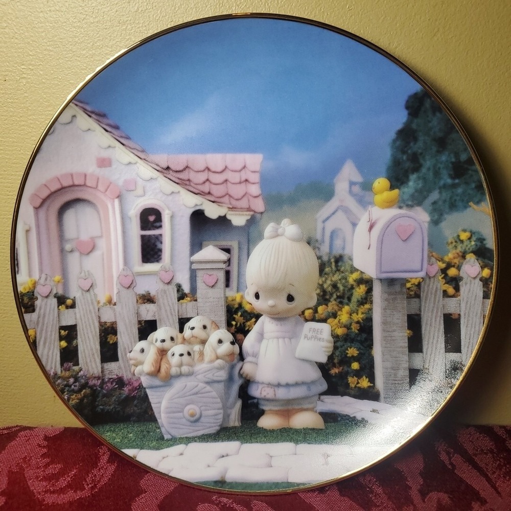 VTG Precious Moments 8in Plate 1993 God Loveth A Cheerful Giver Puppies 2354K